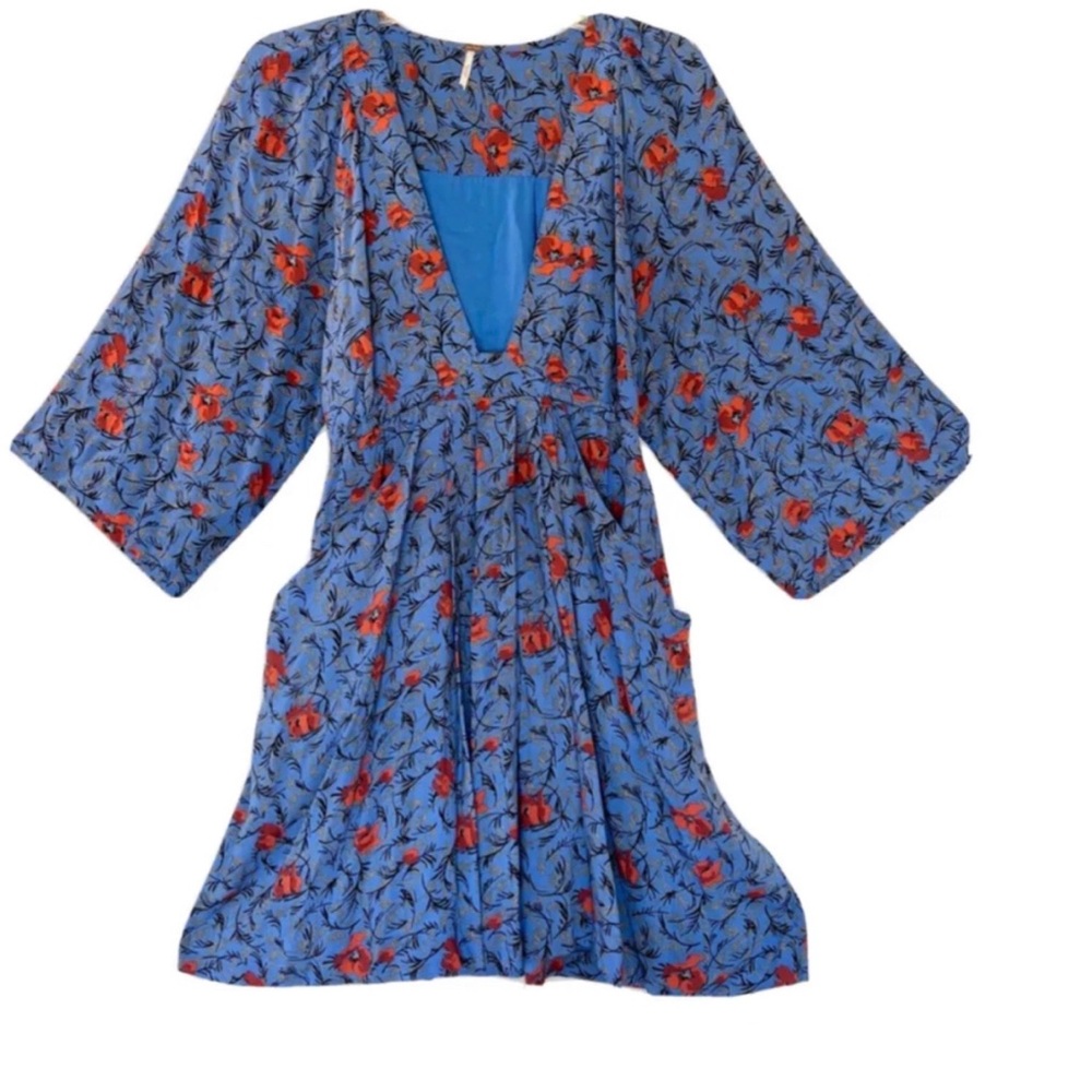 SOLD! Free People Tallulah V-Neck Floral Blue with Flowers Mini Dress Sz: S - Picture 4 of 6